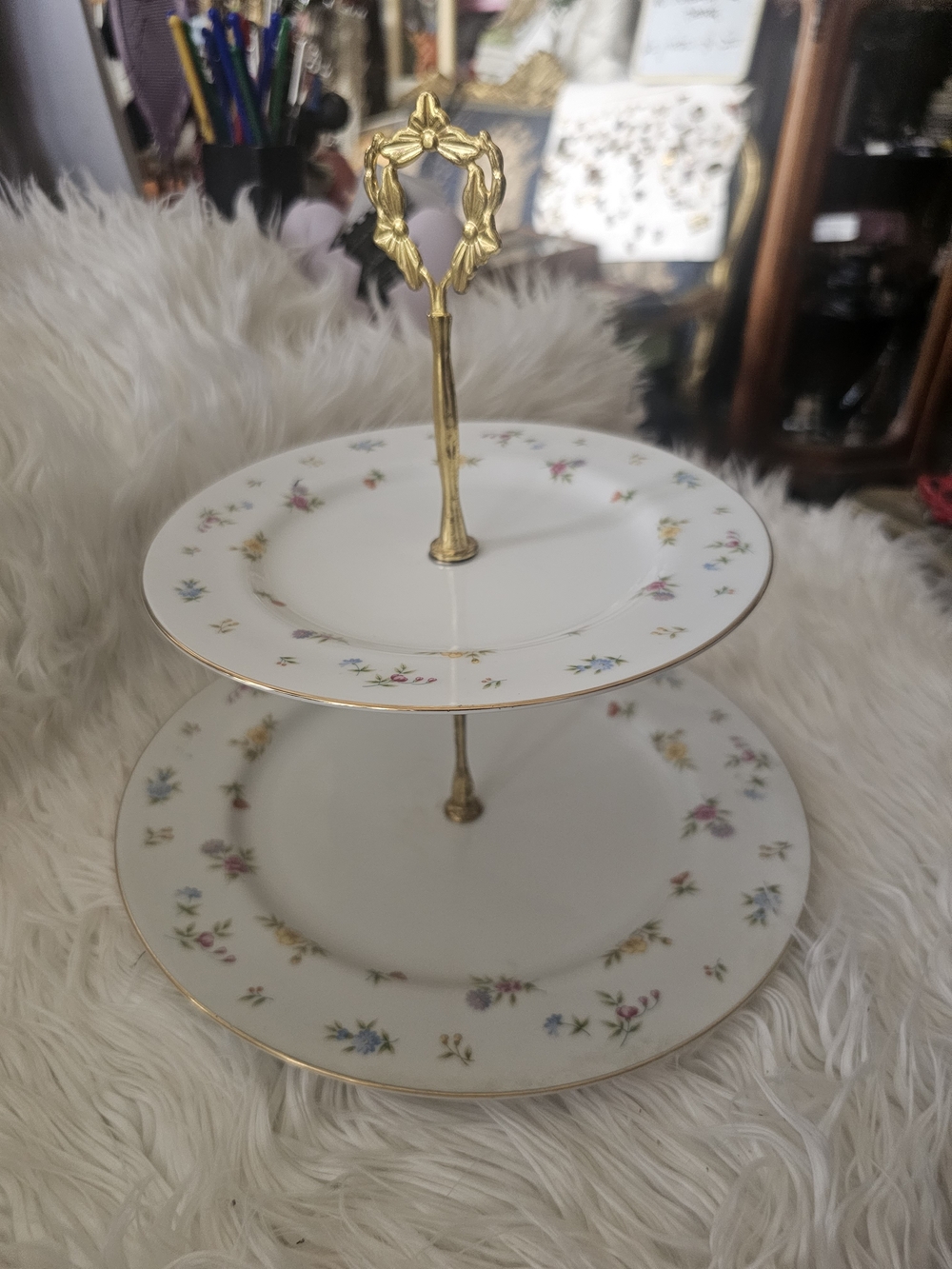 Gold-Handled White Floral Two-Tier Serving Stand